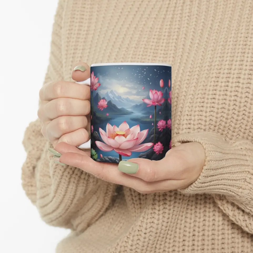 Moonlight Mountain Pink Lotus Ceramic Mug 11oz, Landscape Mug, Nature-Inspired / Zen-Inspired Cup,Elegant,Gifts,Relaxing, Decorative,Flowers